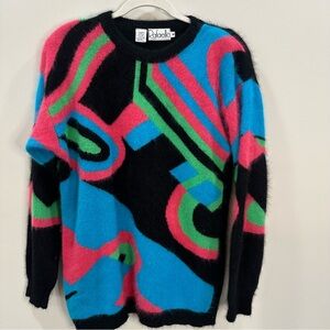 Vtg Rafaella Angora Wool Blend Abstract Sweater Pink Blue Green Size M Fuzzy 80s